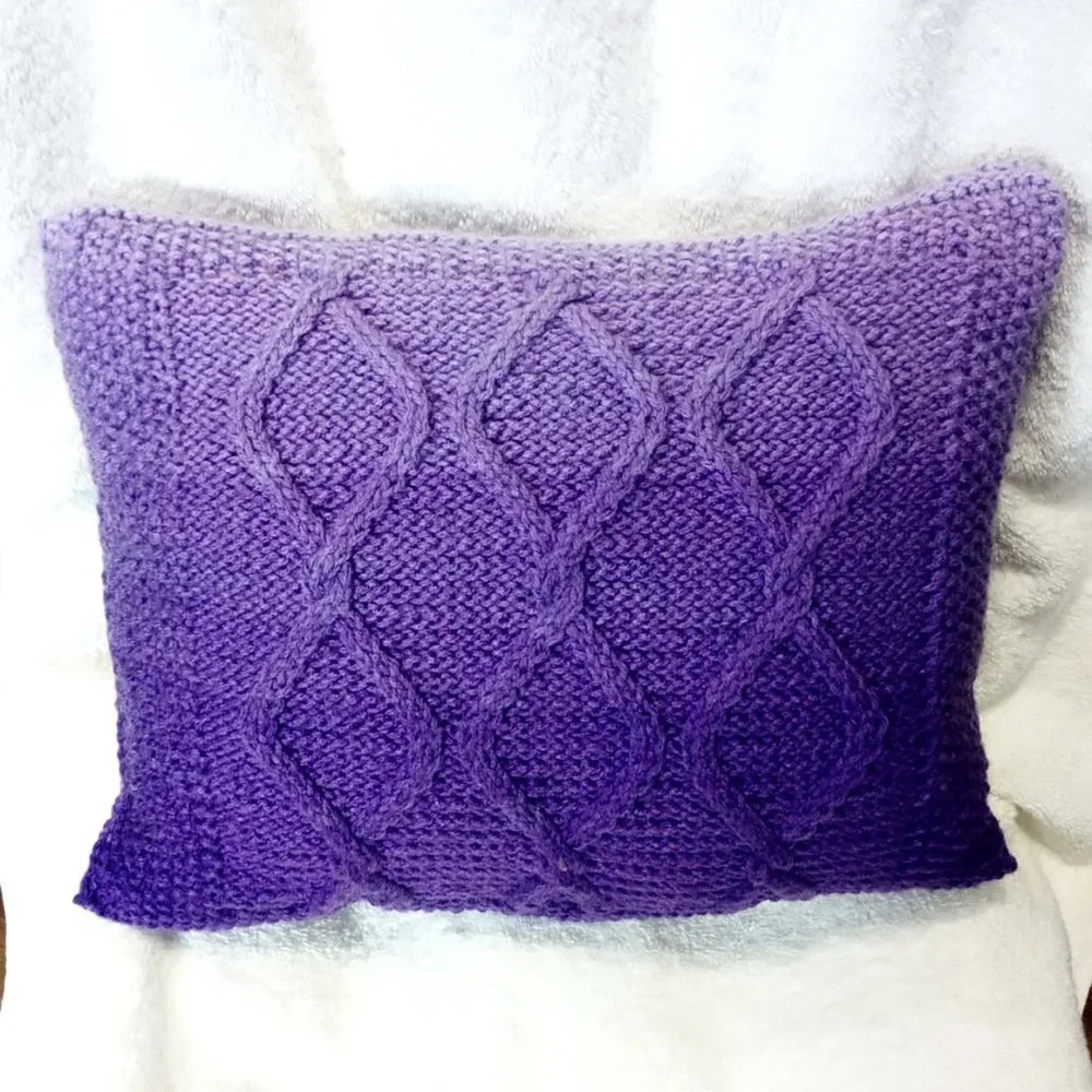 Hand Crafted Knit Throw Pillow Purple Cable Hand Painted Resin Buttons D…
